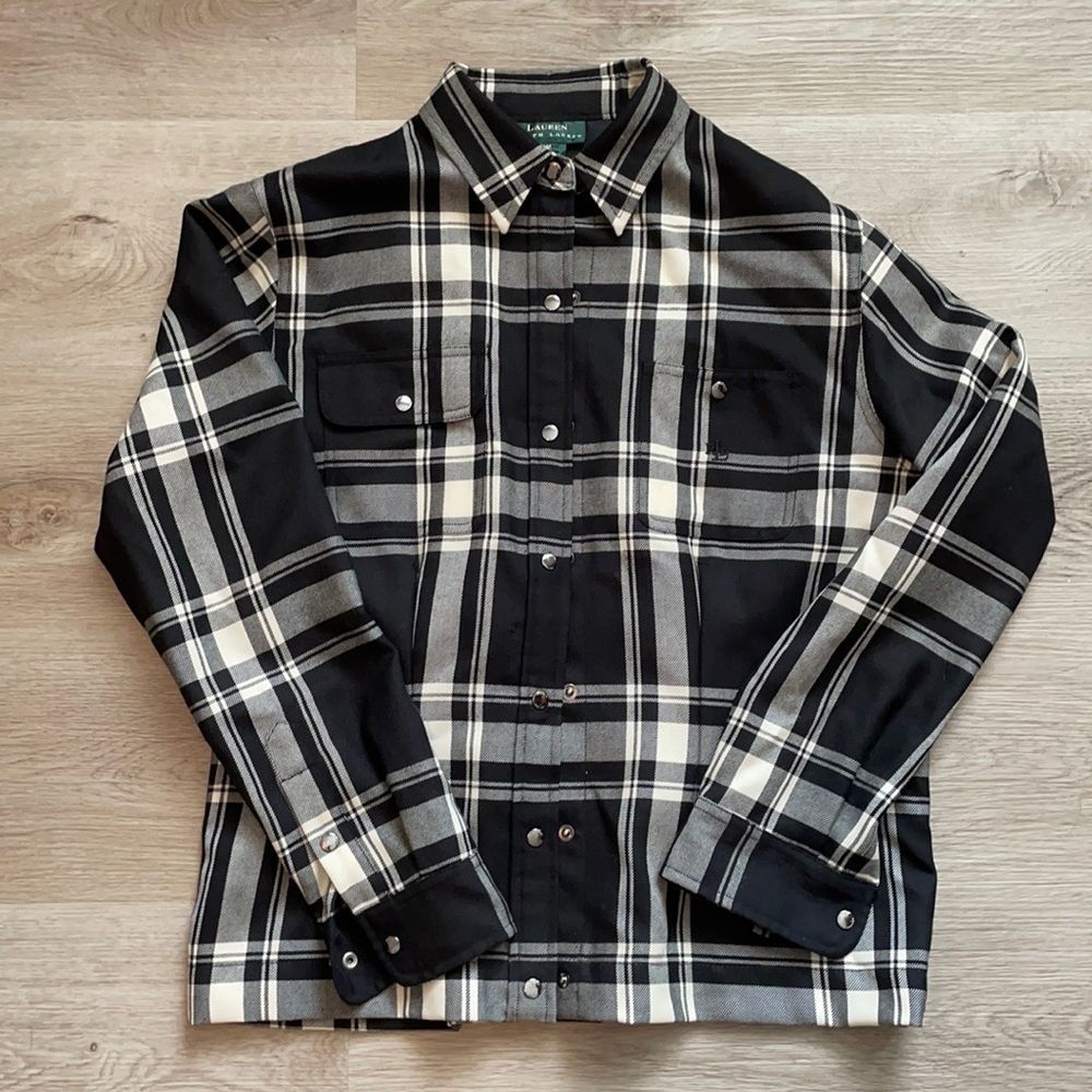 Vintage Ralph Lauren Wool Flannel Shacket Jacket Black & Cream Plaid Medium
